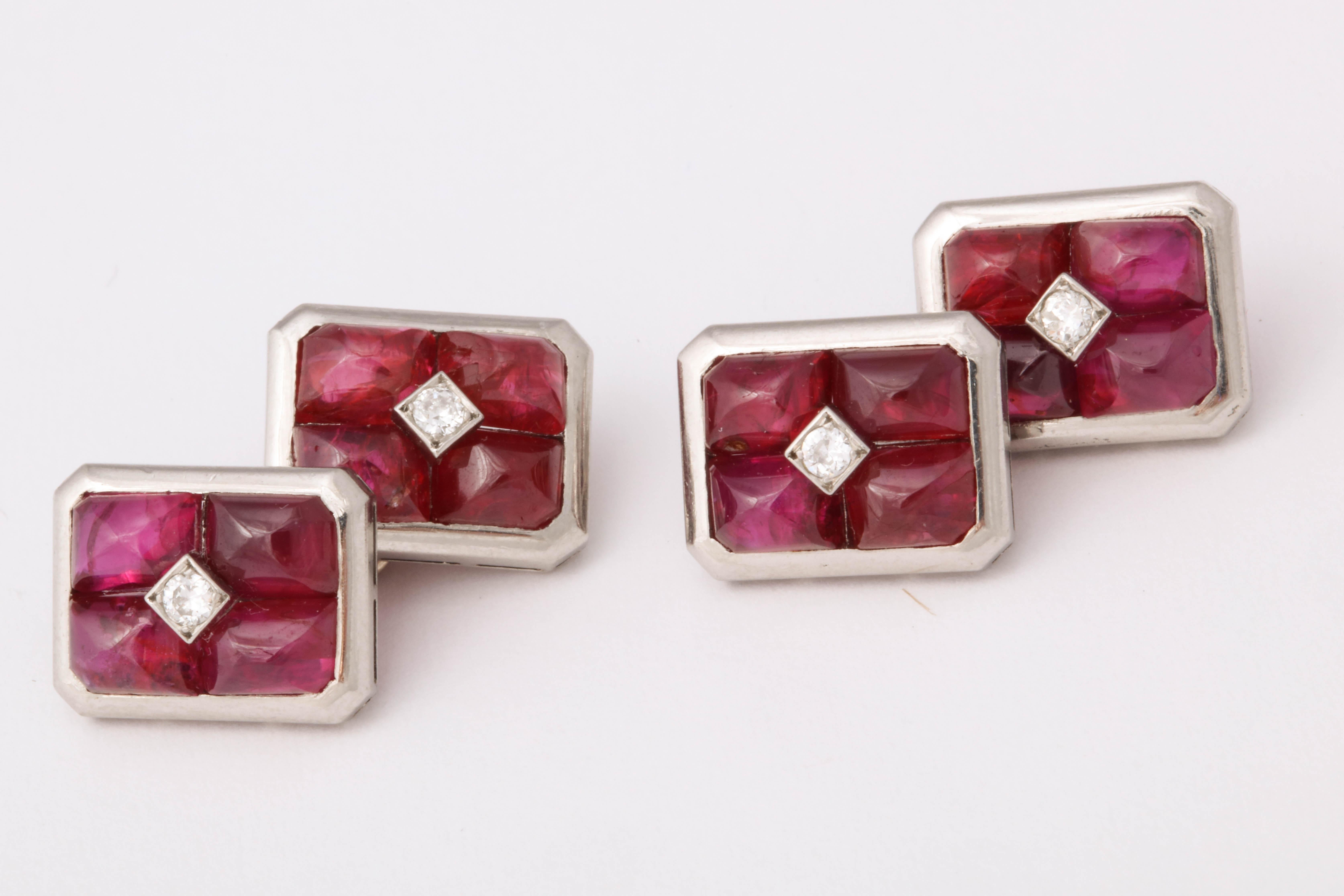 Women's or Men's French Art Deco Ruby and Diamond Cufflinks For Sale