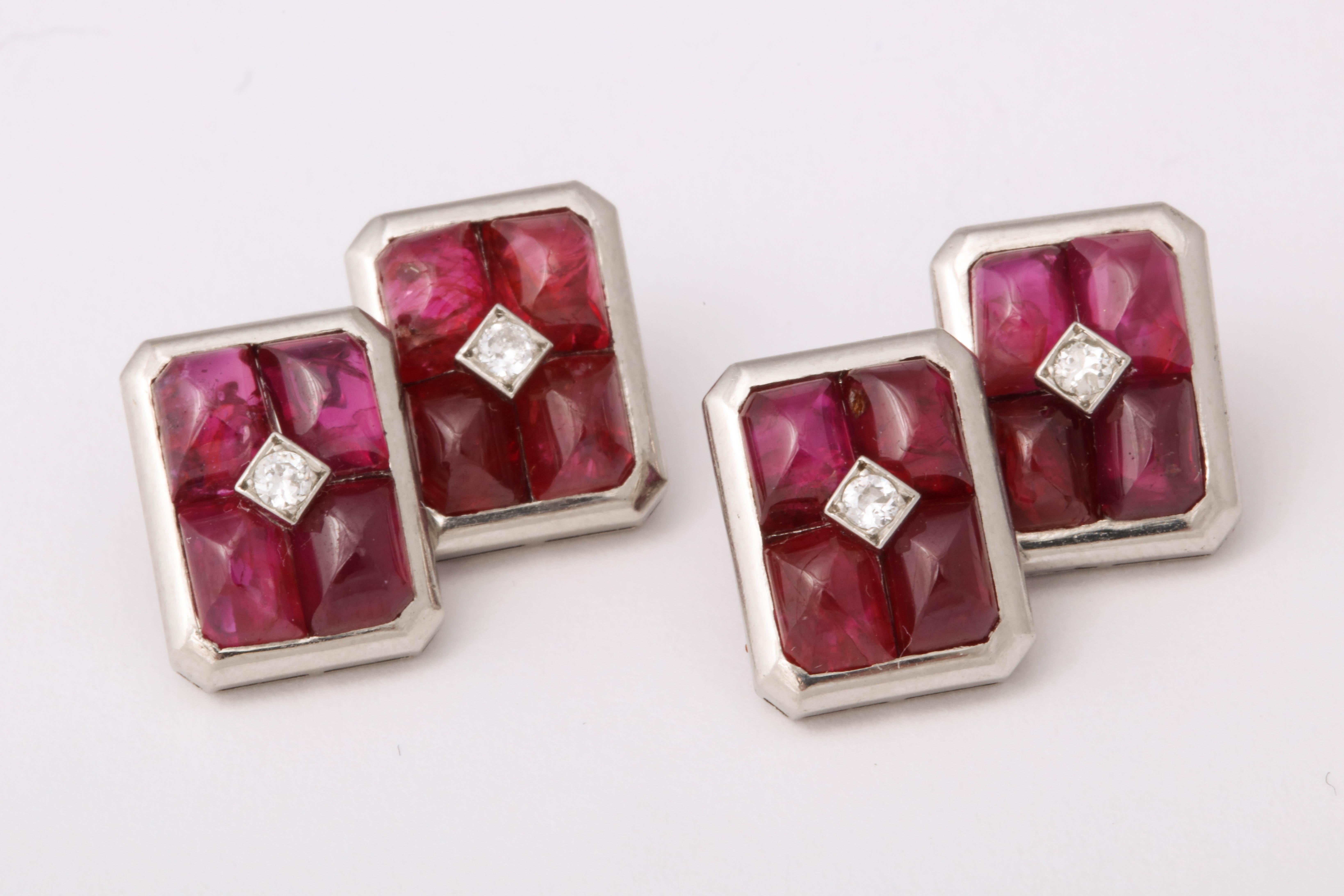 French Art Deco Ruby and Diamond Cufflinks For Sale 3