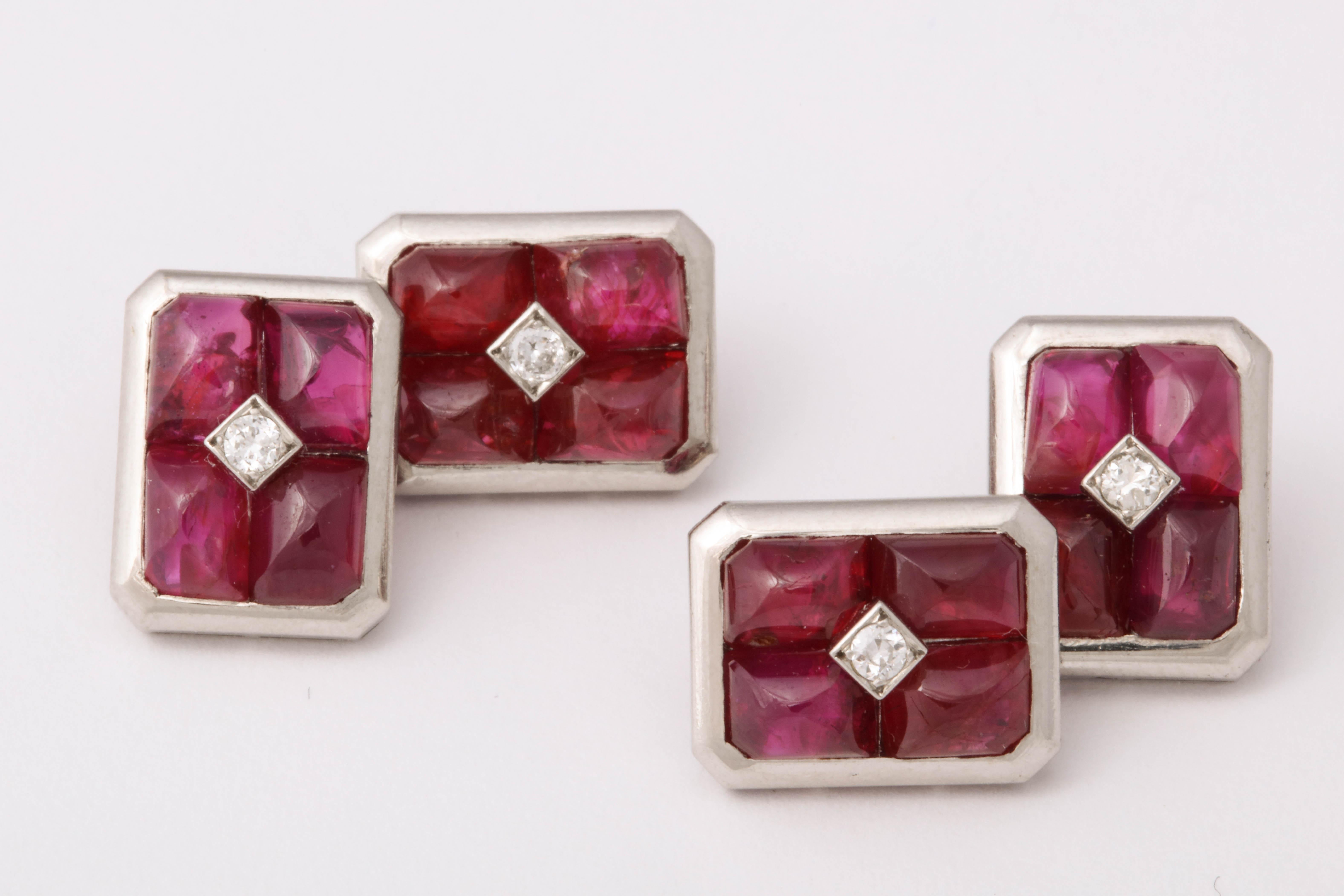 French Art Deco Ruby and Diamond Cufflinks For Sale 4