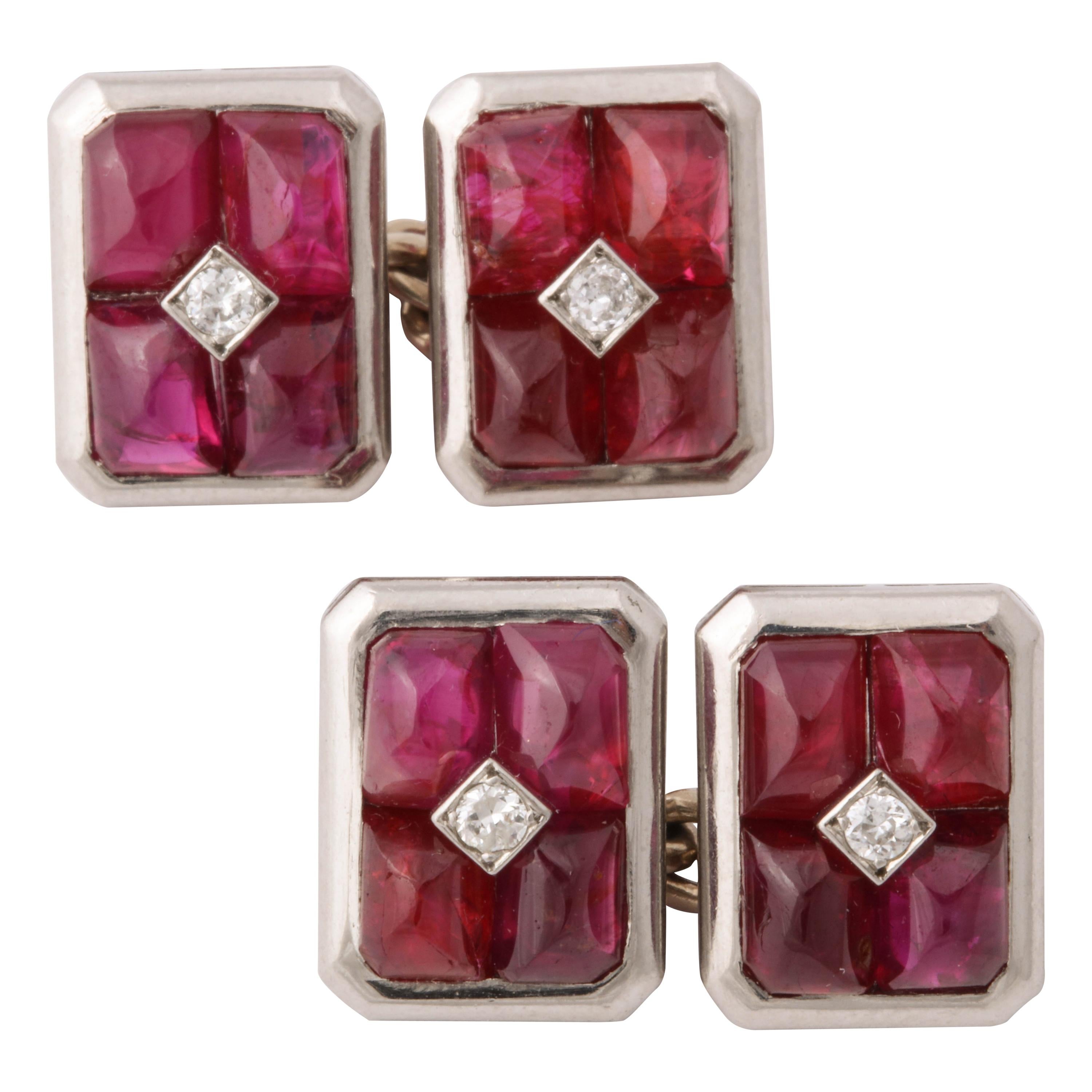 French Art Deco Ruby and Diamond Cufflinks For Sale