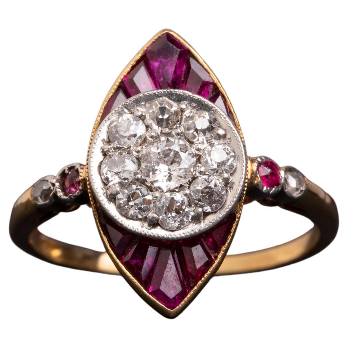 French Art Deco Ruby and Diamond Ring, Art Deco Target Ruby and Diamond Ring