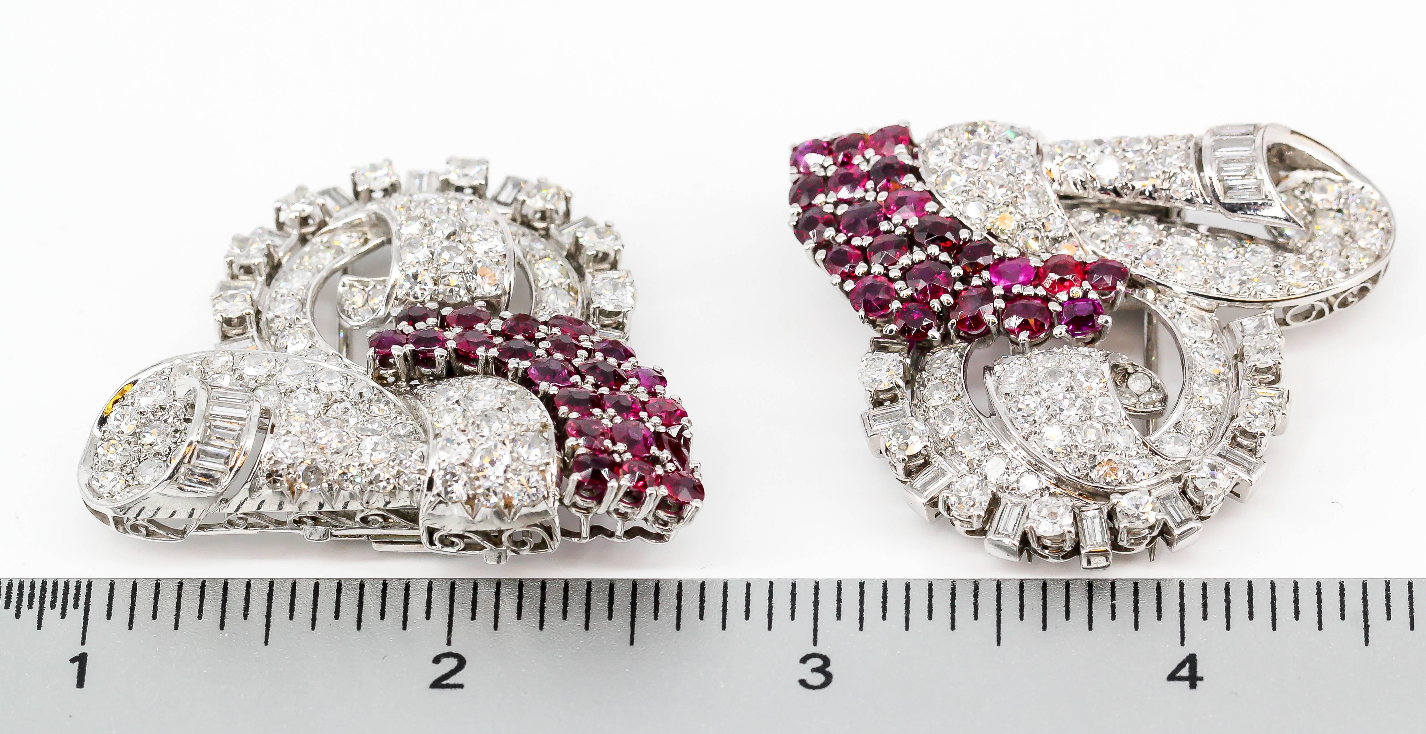 French Art Deco Ruby, Diamond, Platinum and Gold Double Clip Brooch 8