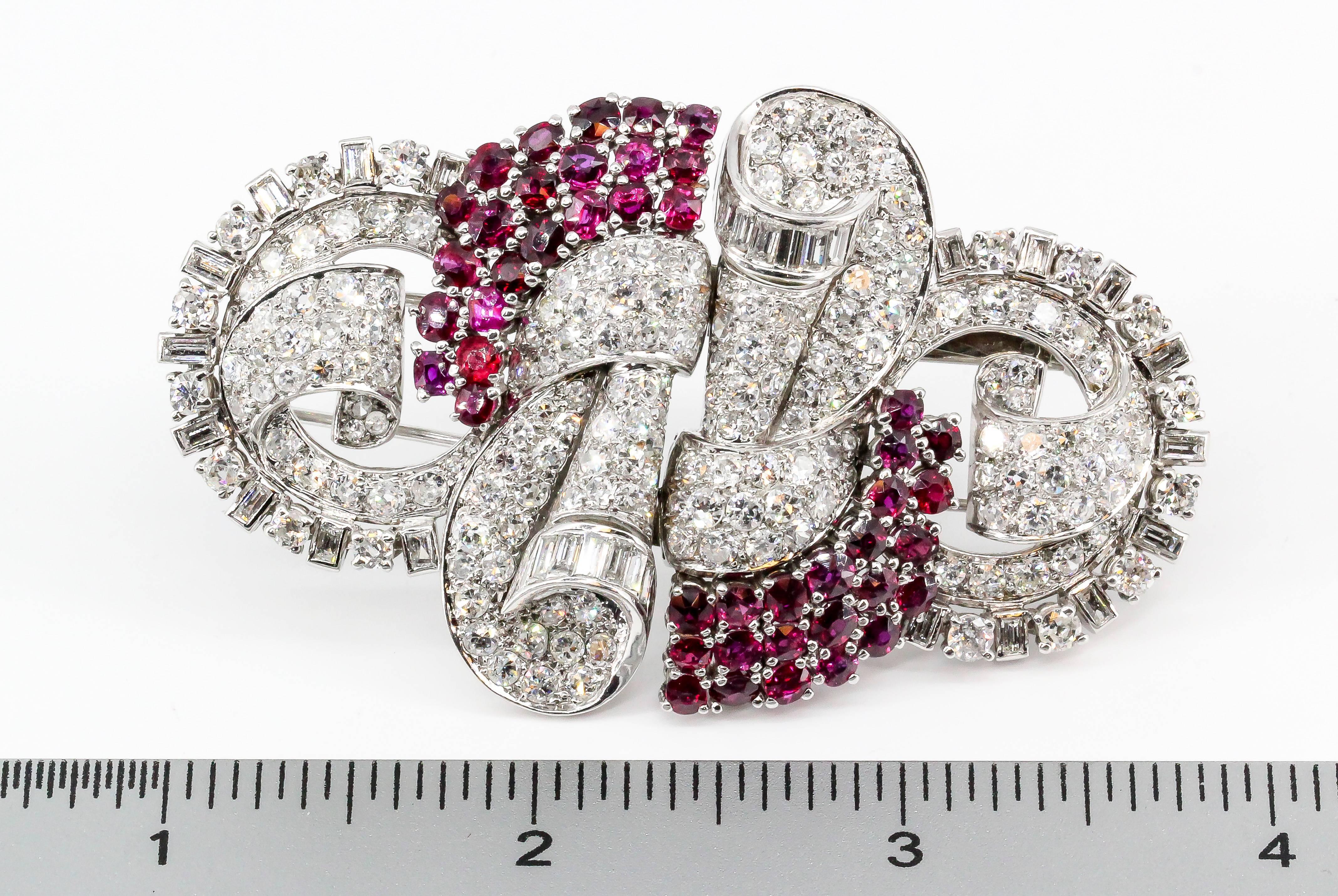 French Art Deco Ruby, Diamond, Platinum and Gold Double Clip Brooch 9