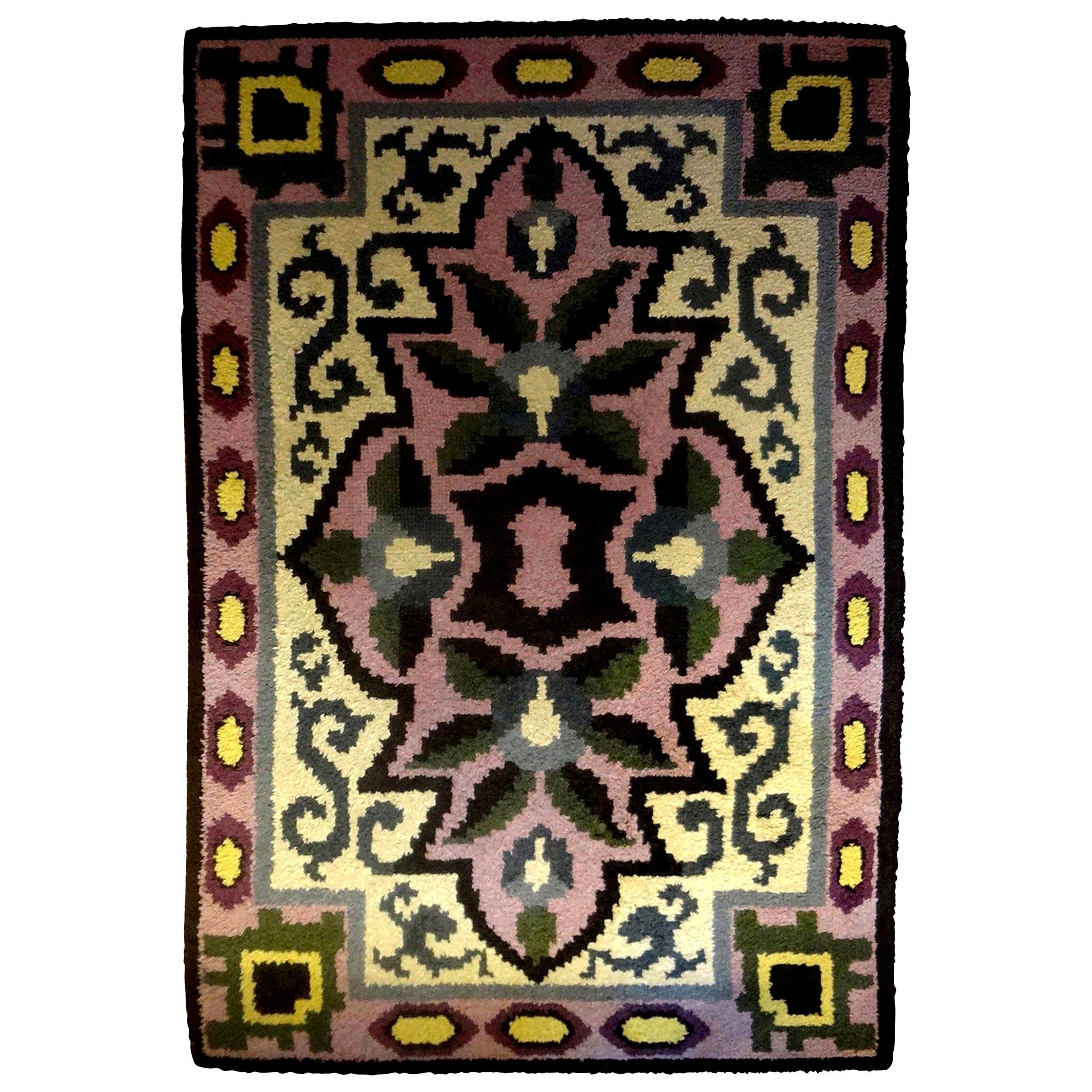 Colorful French Art Deco carpet/modernist carpet with great geometric design and fantastic colors (cream, black, lavender, purple, blue, and green.) This great French Art Deco geometric rug is in the style of Jules Leleu, Maurice Dufrène and Paul