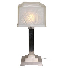 French Art Deco Sabino Glass Table Lamp in Silvered Bronze