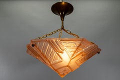 French Art Deco Salmon Pink Geometric Glass and Brass Pendant Light, 1930s
