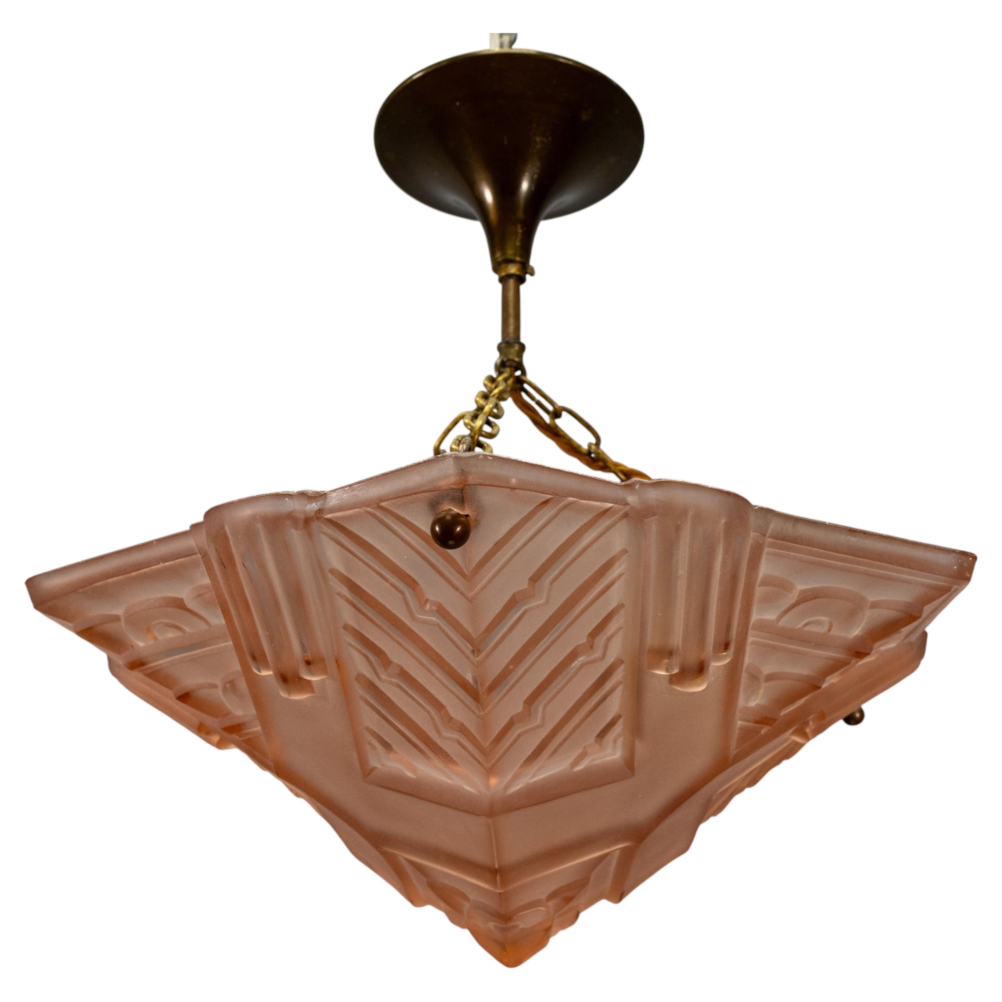 French Art Deco Salmon Pink Geometric Glass and Brass Pendant Light, 1930s