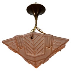 French Art Deco Salmon Pink Geometric Glass and Brass Pendant Light, 1930s