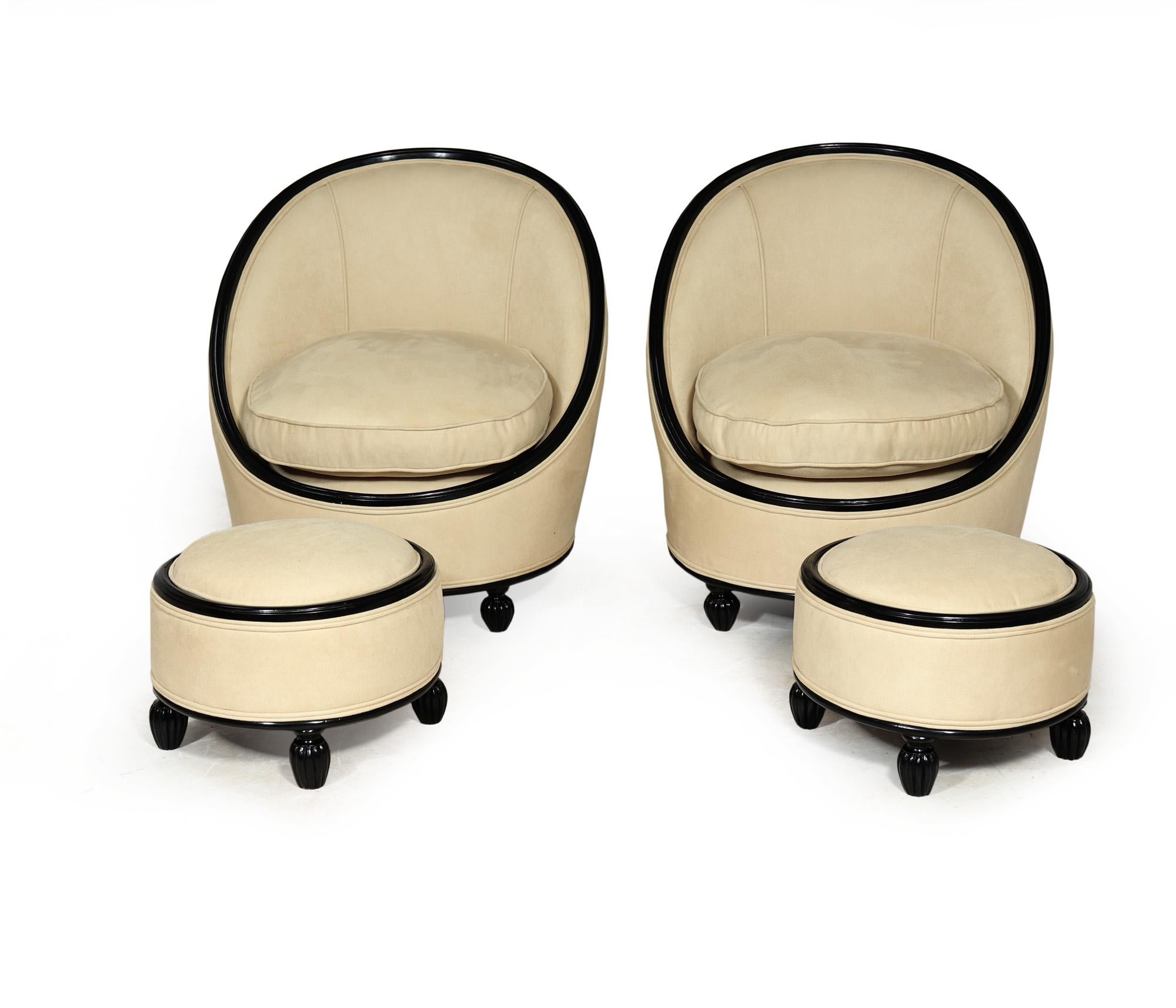 FRENCH ART DECO SALON CHAIRS 
These exquisite French Art Deco Salon Chairs and stools are reminiscent of the iconic style of Ruhlman. With their elegant hoop-like rail and reeded tulip feet, they exude sophistication. The chair frames, made of