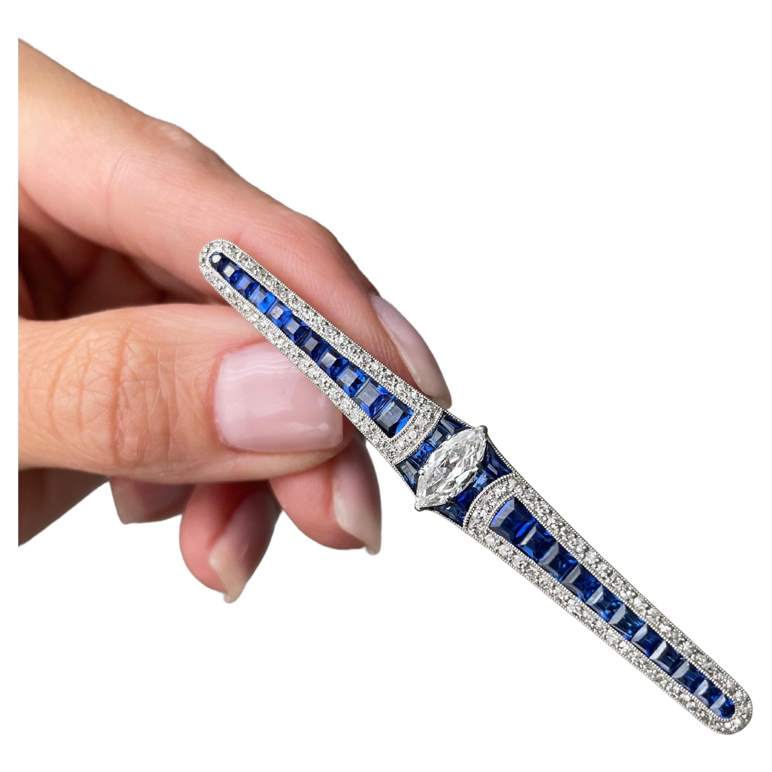 French Art Deco Sapphire and Diamond Bar Brooch For Sale