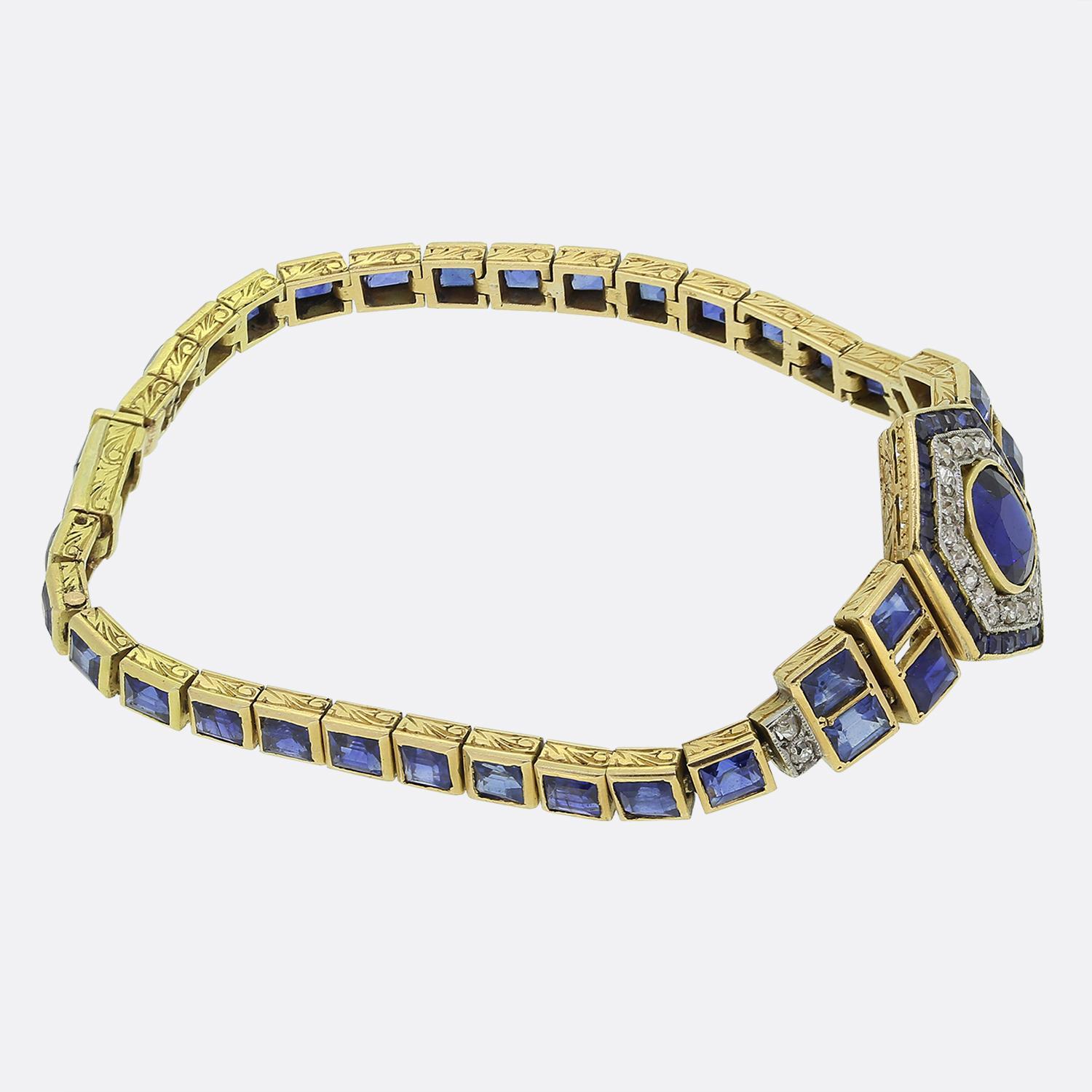 Old Mine Cut French Art Deco Sapphire and Diamond Bracelet For Sale