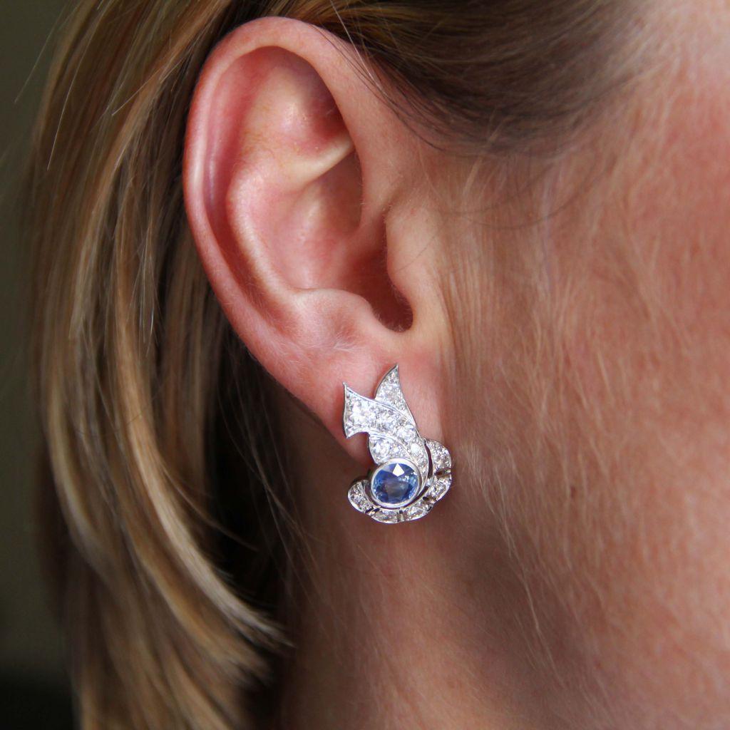 French Art Deco Sapphire and Diamond Earrings For Sale 2