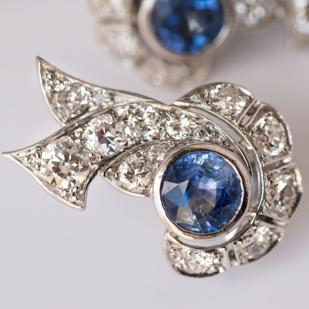 Round Cut French Art Deco Sapphire and Diamond Earrings For Sale