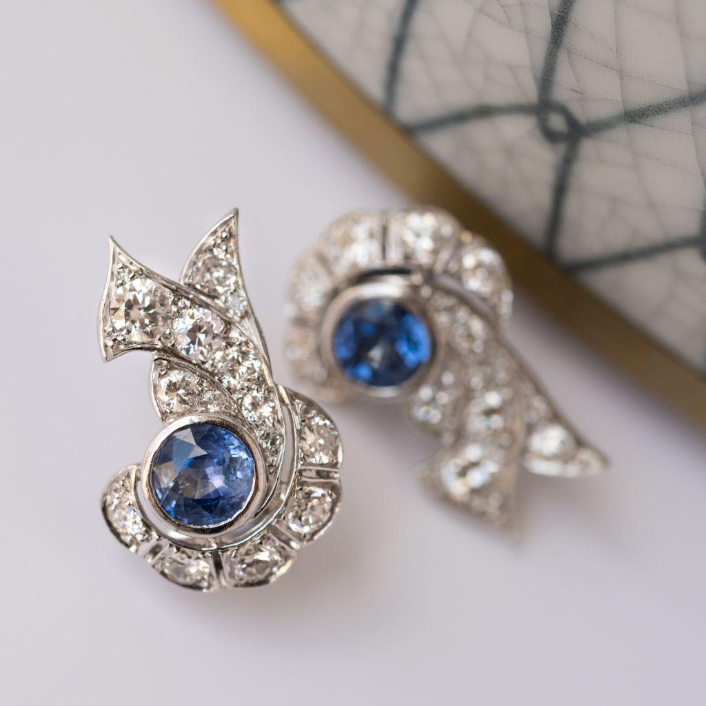 French Art Deco Sapphire and Diamond Earrings In Excellent Condition For Sale In Poitiers, FR