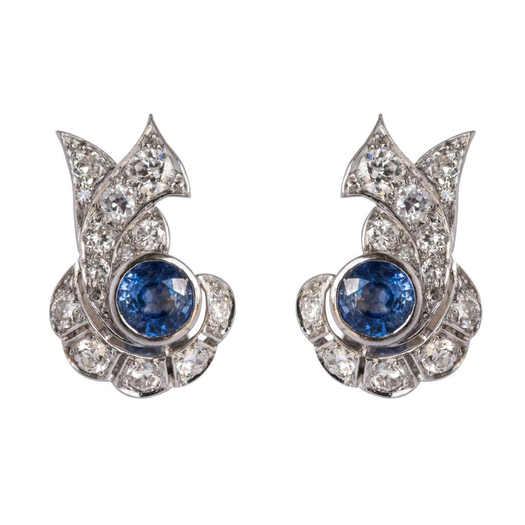 French Art Deco Sapphire and Diamond Earrings For Sale