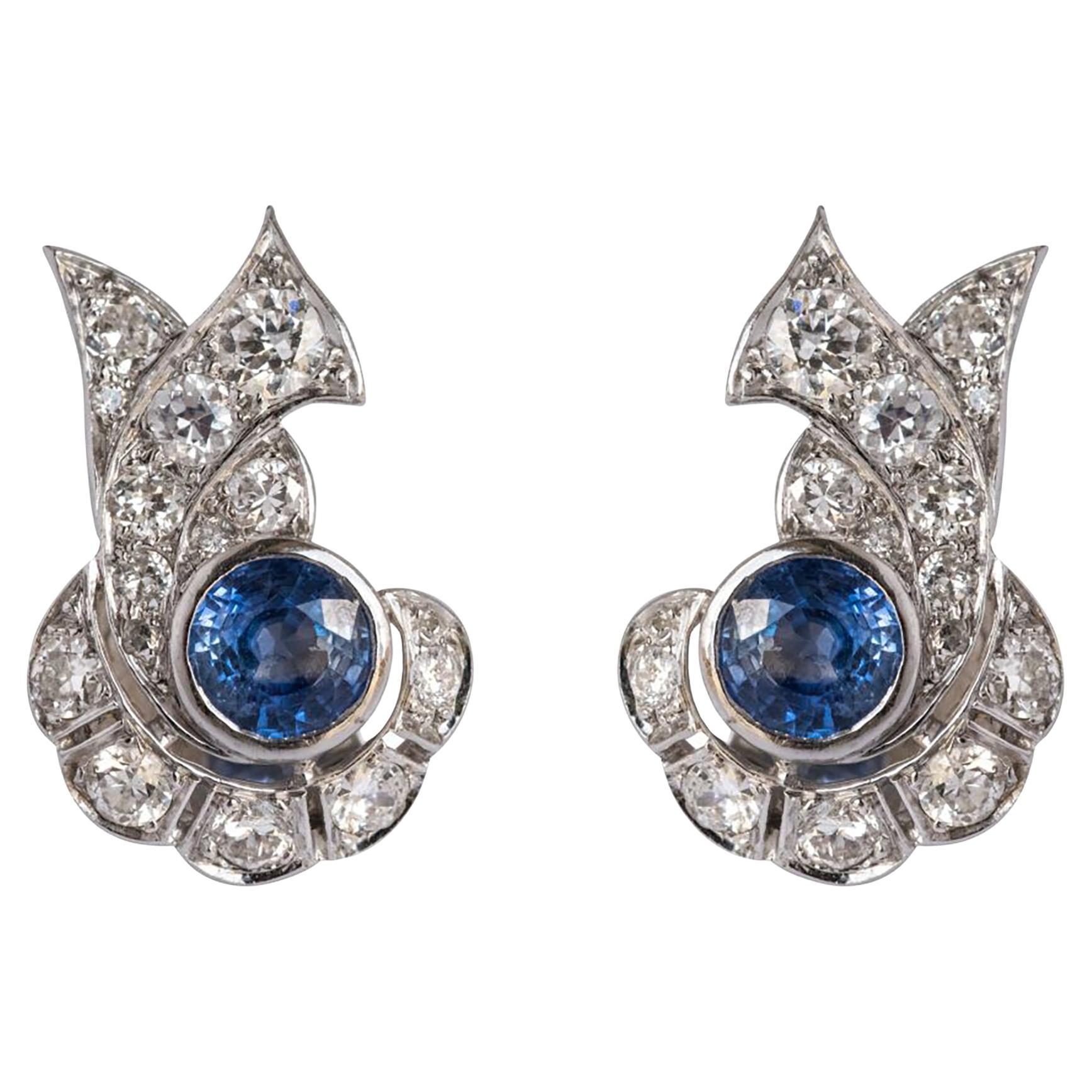 French Art Deco Sapphire and Diamond Earrings