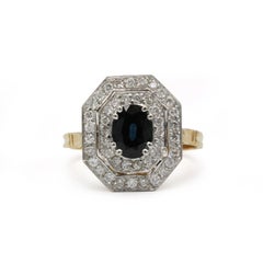 French Art Deco Sapphire and Diamond Ring in 18K Two-Tone Gold