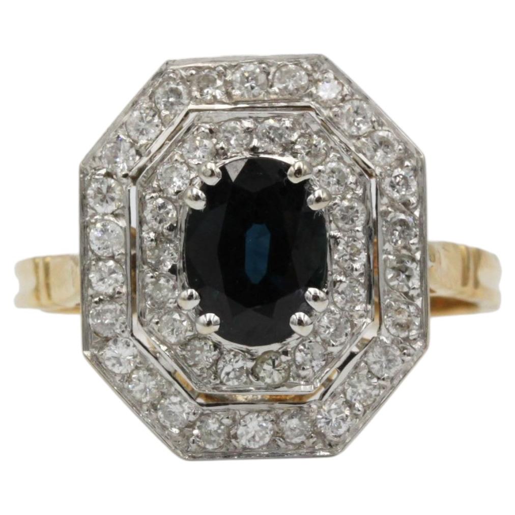 French Art Deco Sapphire and Diamond Ring in 18K Two-Tone Gold