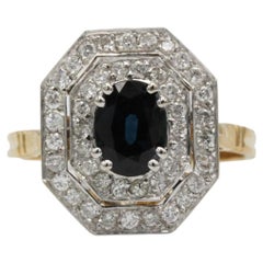 French Art Deco Sapphire and Diamond Ring in 18K Two-Tone Gold