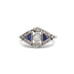 French Art Deco Sapphire and Rose-Cut Diamond Ring in 18K White Gold