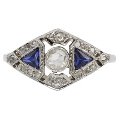 French Art Deco Sapphire and Rose-Cut Diamond Ring in 18K White Gold
