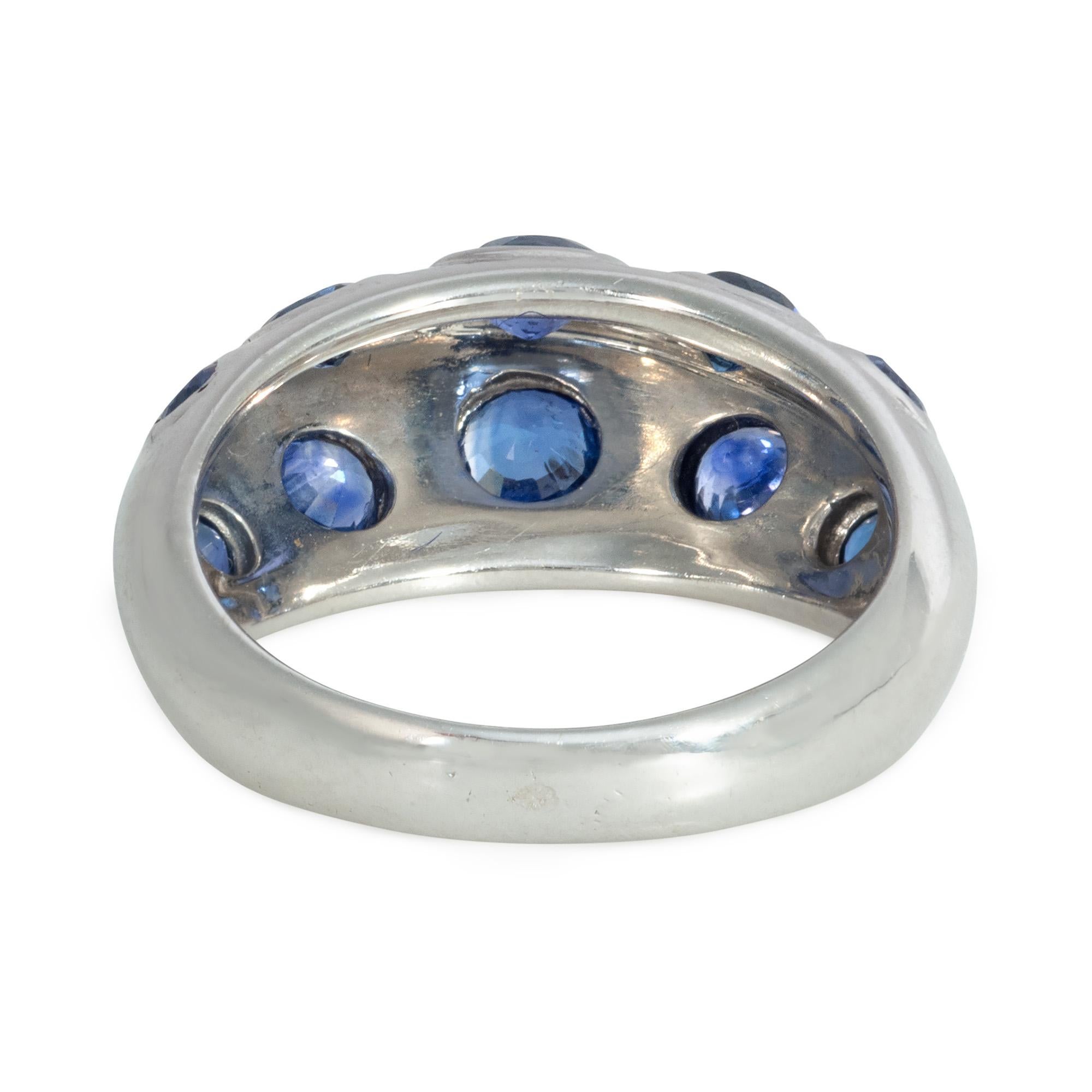 Round Cut French Art Deco Sapphire and White Gold Stylized Bombé Ring For Sale