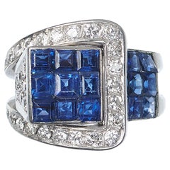 French Art Deco Sapphire Diamond And Platinum Ring, Circa 1930