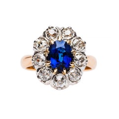 French Art Deco Sapphire Diamond Gold Cluster Ring
