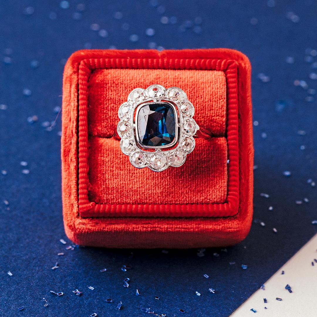 Women's French Art Deco Sapphire Diamond Gold Ring