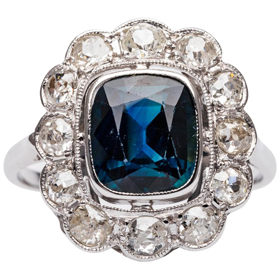 French Art Deco Sapphire Diamond Gold Ring
