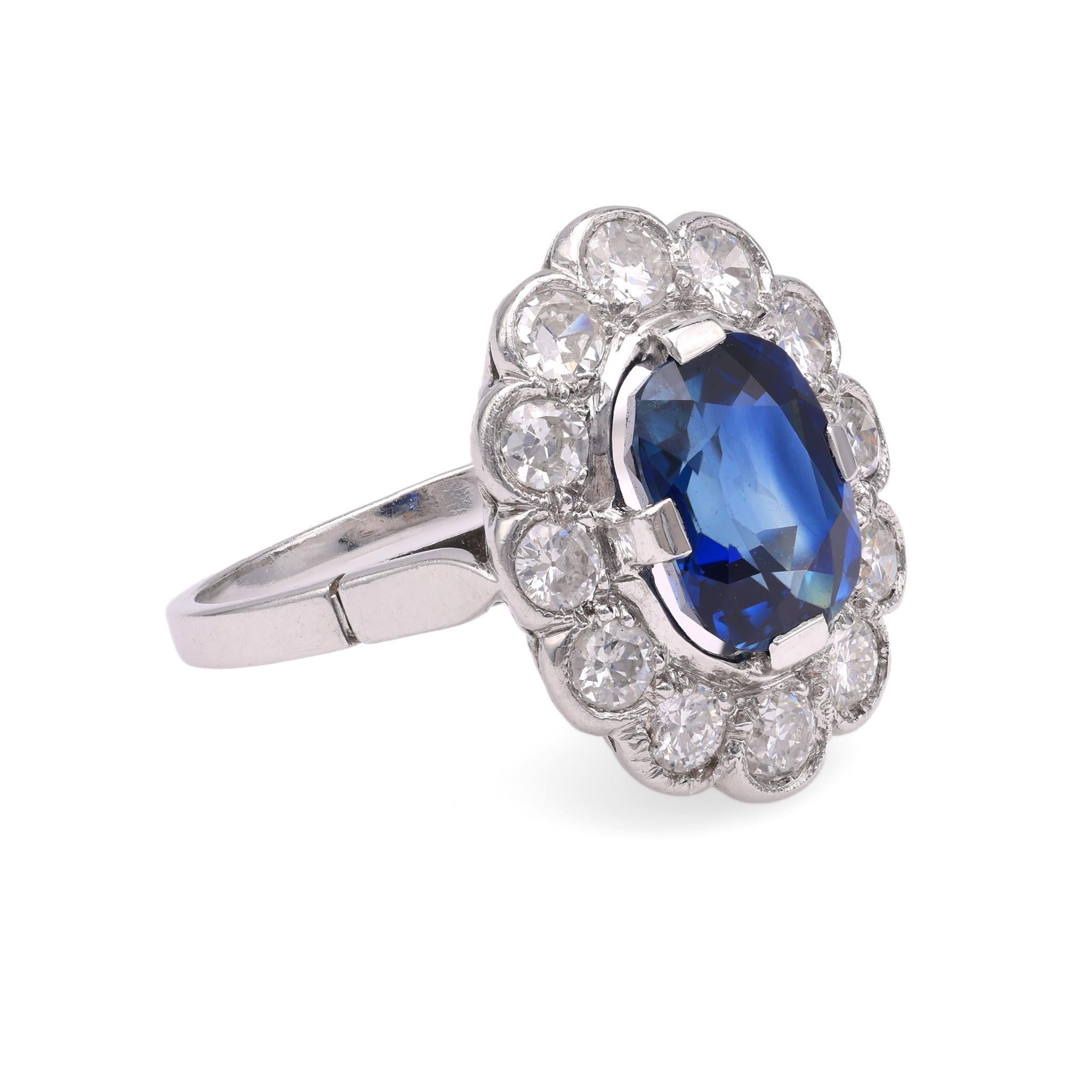 Cushion Cut French Art Deco Sapphire Diamond Platinum Cluster Ring For Sale