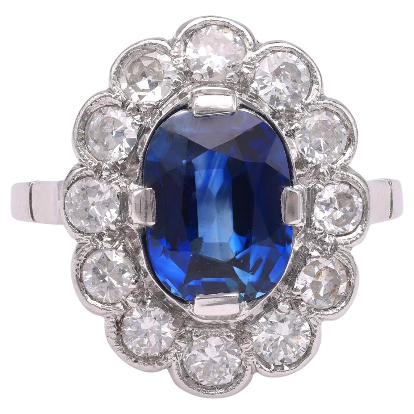 French Art Deco Sapphire Diamond Platinum Cluster Ring For Sale