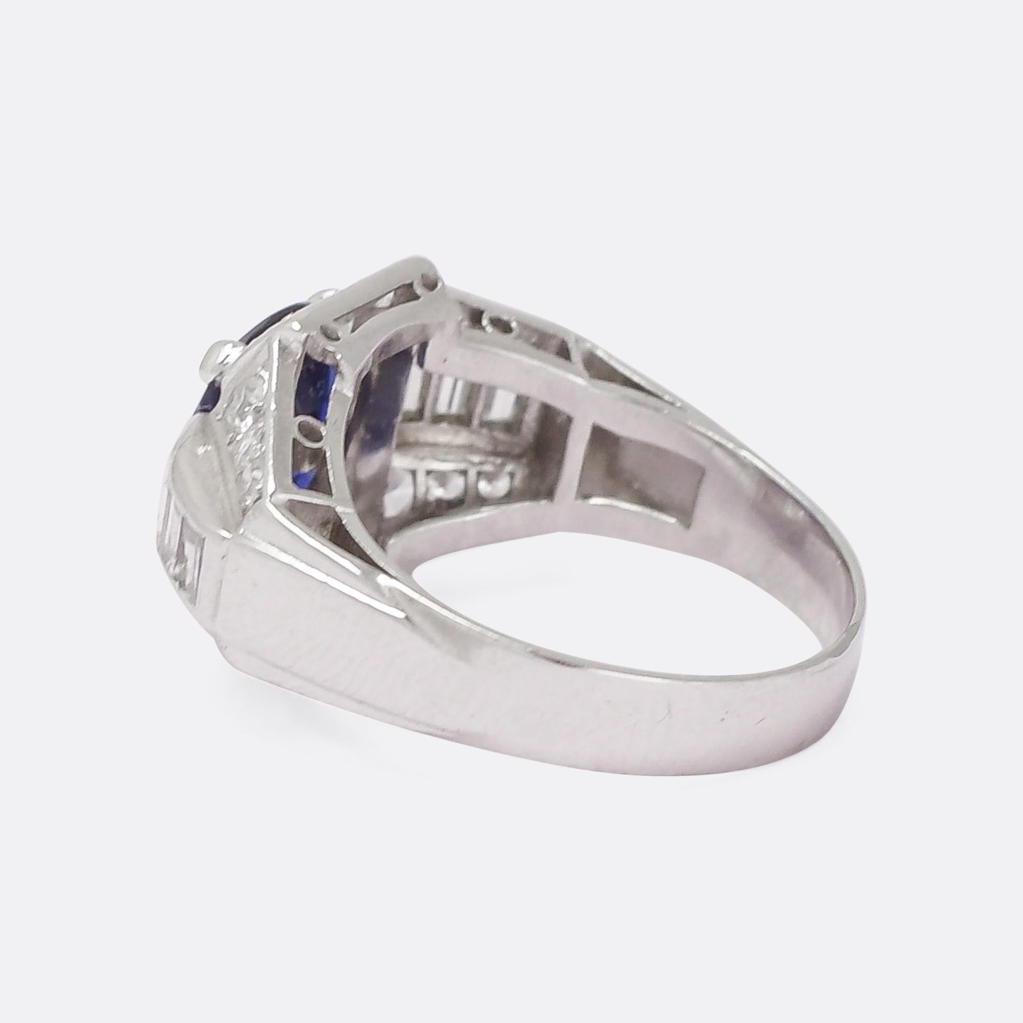 Cushion Cut French Art Deco Sapphire Diamond Platinum Cocktail Ring