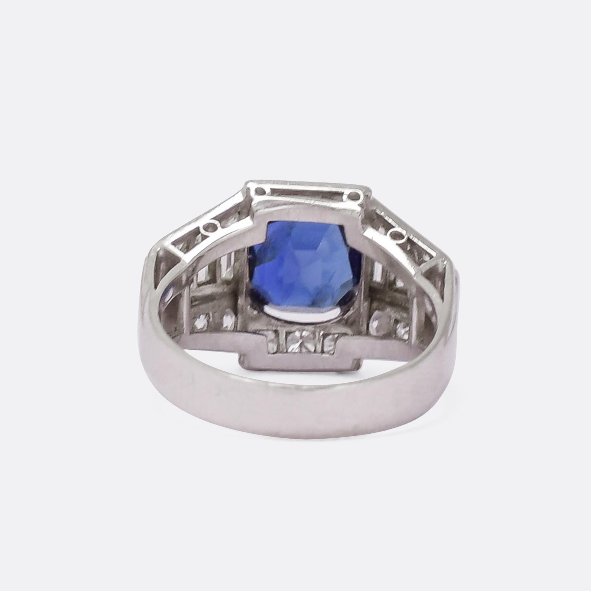 French Art Deco Sapphire Diamond Platinum Cocktail Ring In Good Condition In Sale, Cheshire