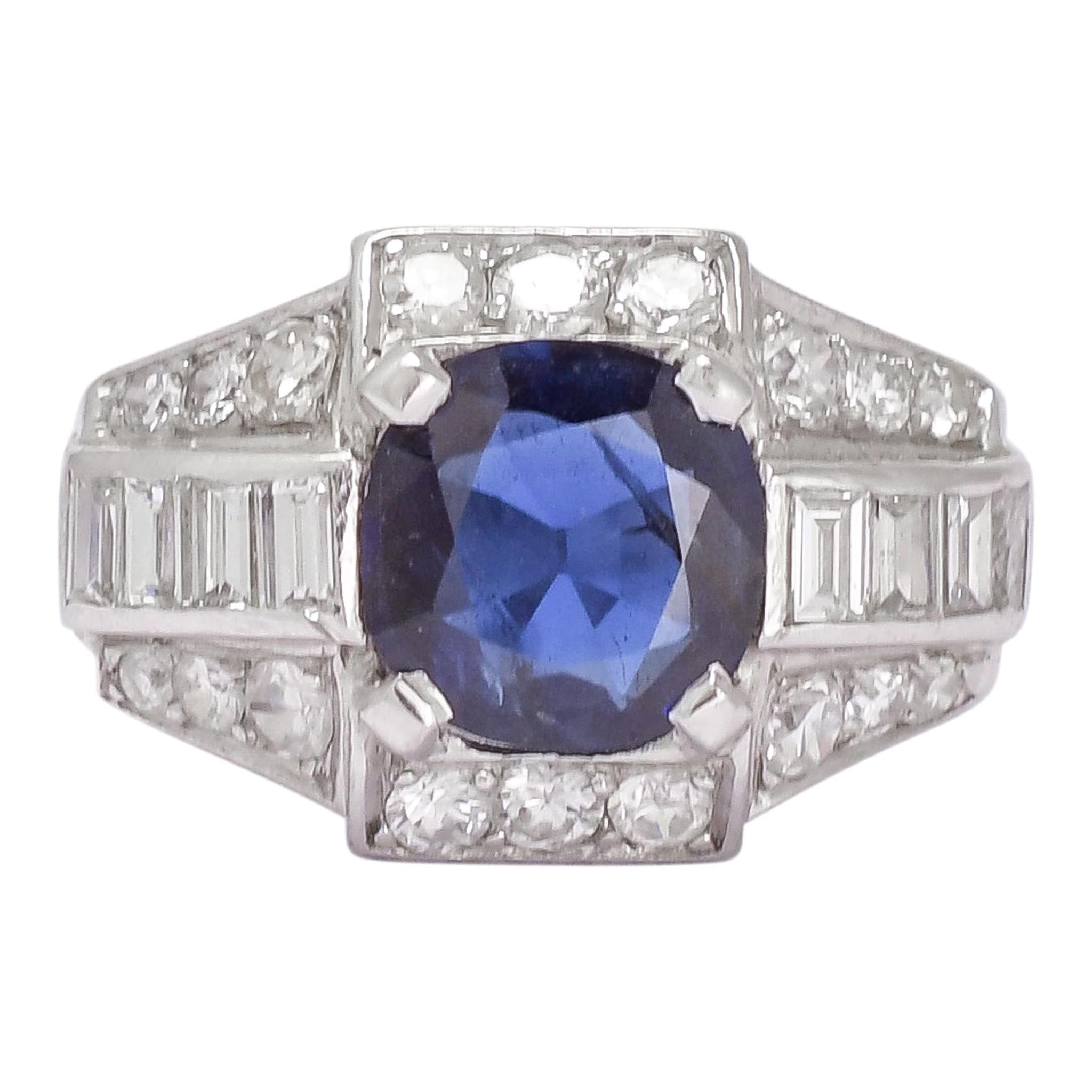 French Art Deco Sapphire Diamond Platinum Cocktail Ring