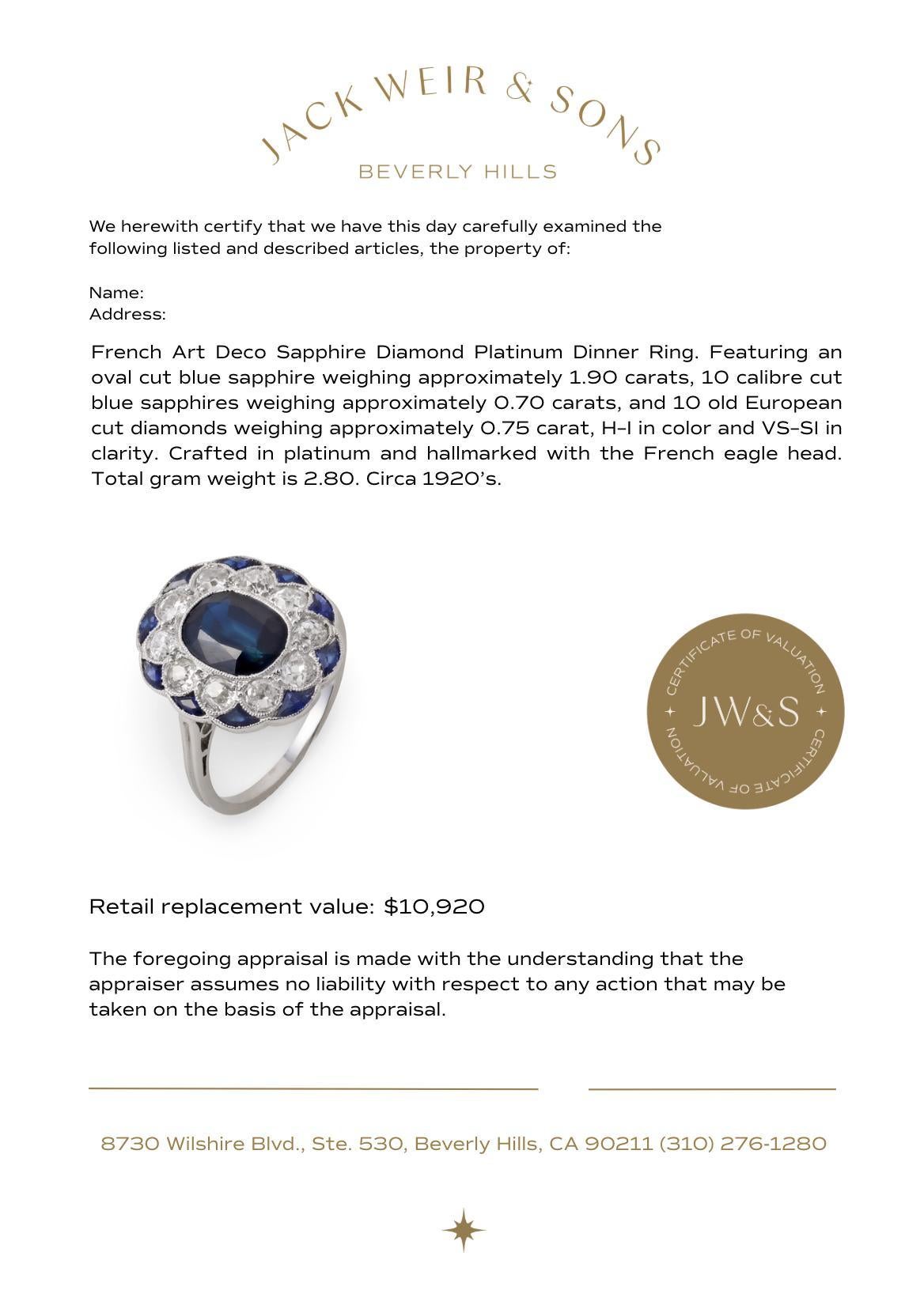 Bague de table Art déco française saphir diamant platine Pour femmes en vente