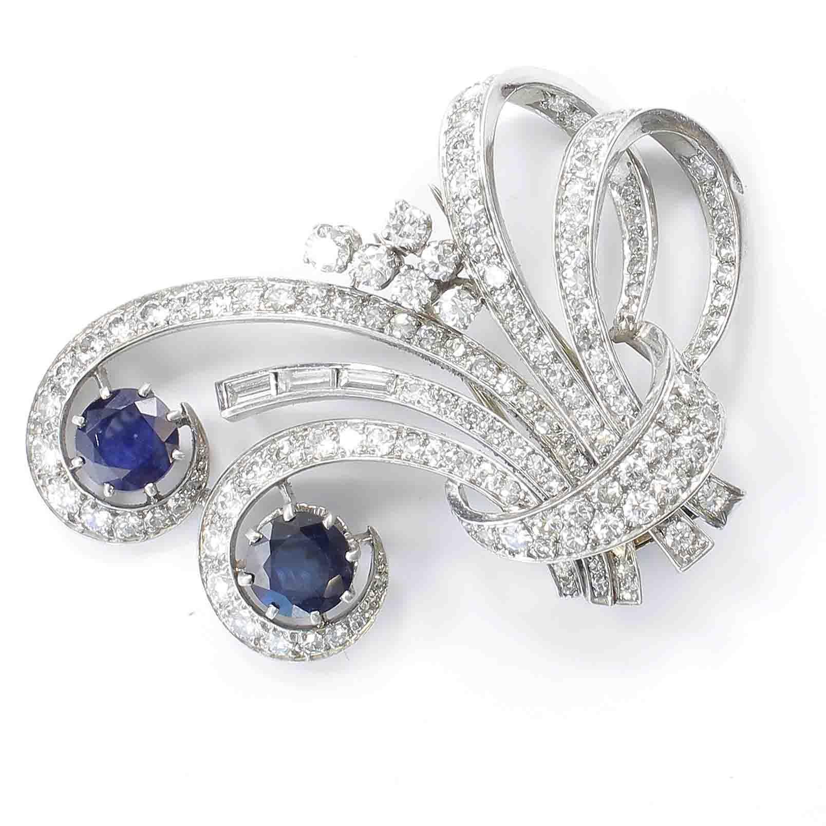 Women's French Art Deco Sapphire Diamond Platinum Double Clip