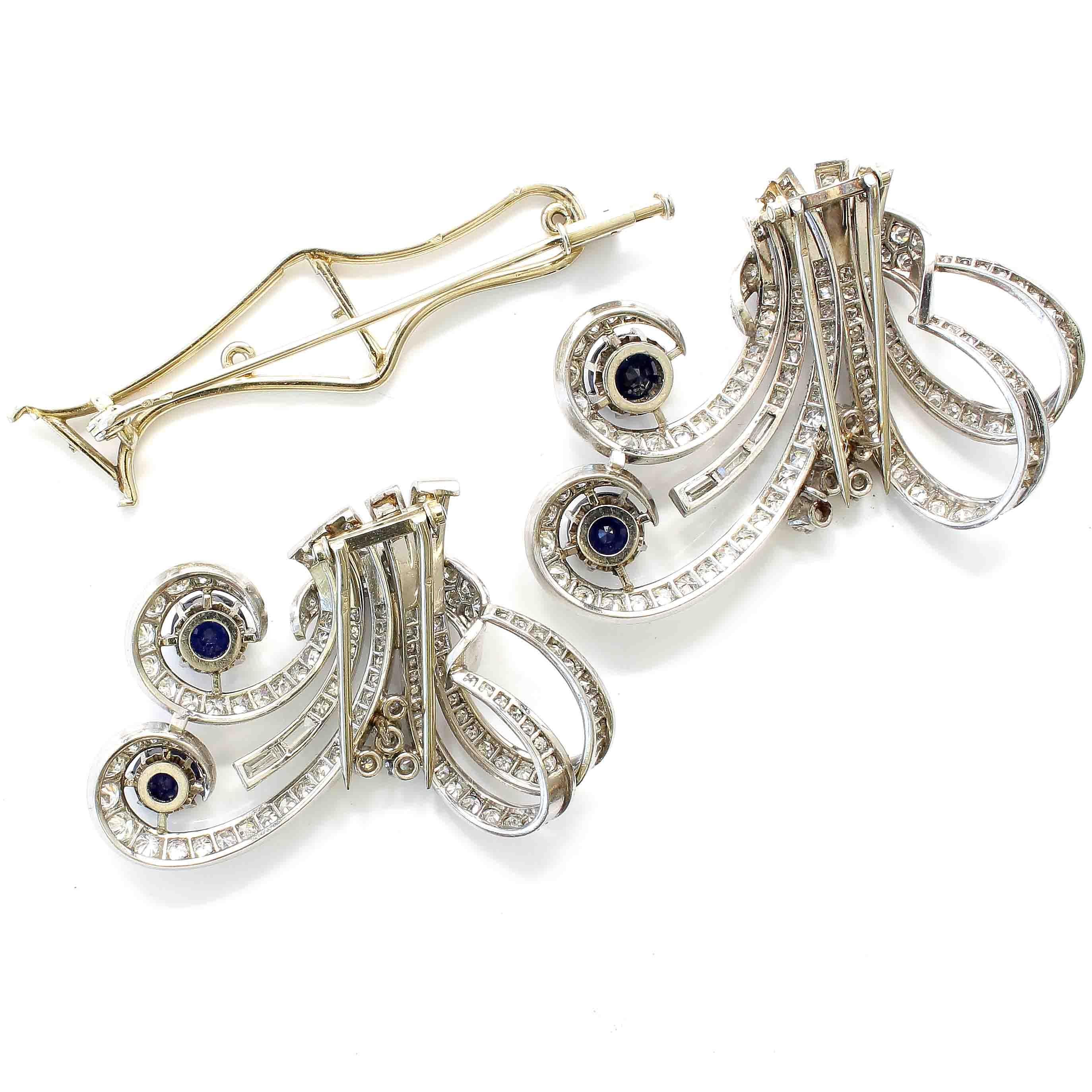 French Art Deco Sapphire Diamond Platinum Double Clip 2