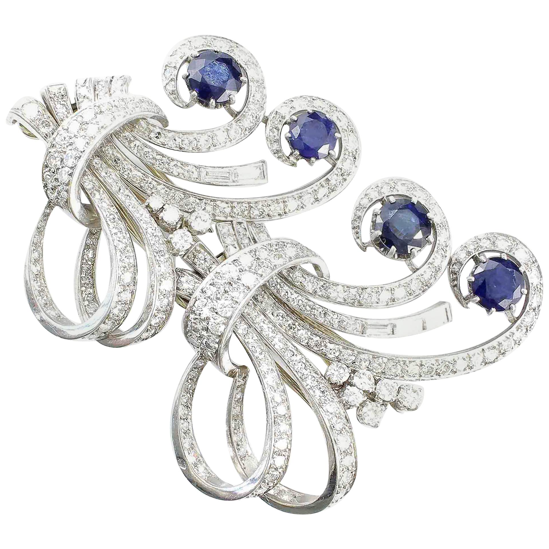 French Art Deco Sapphire Diamond Platinum Double Clip