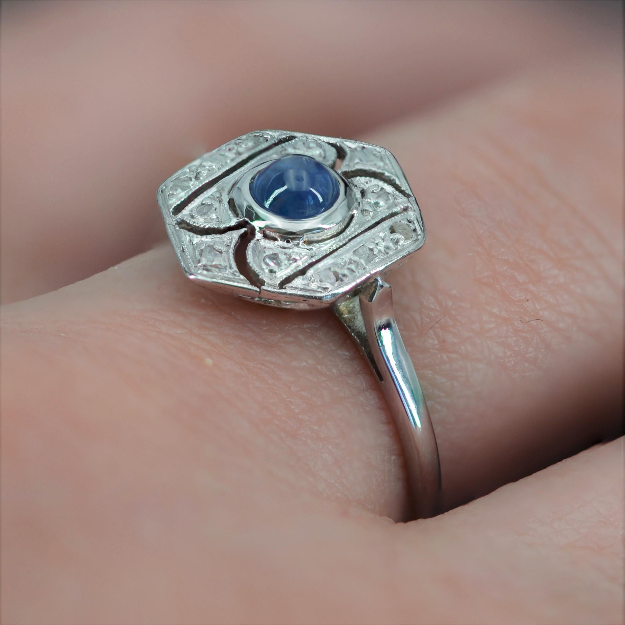 French Art Deco Sapphire Diamonds 18 Karat White Gold Ring 6