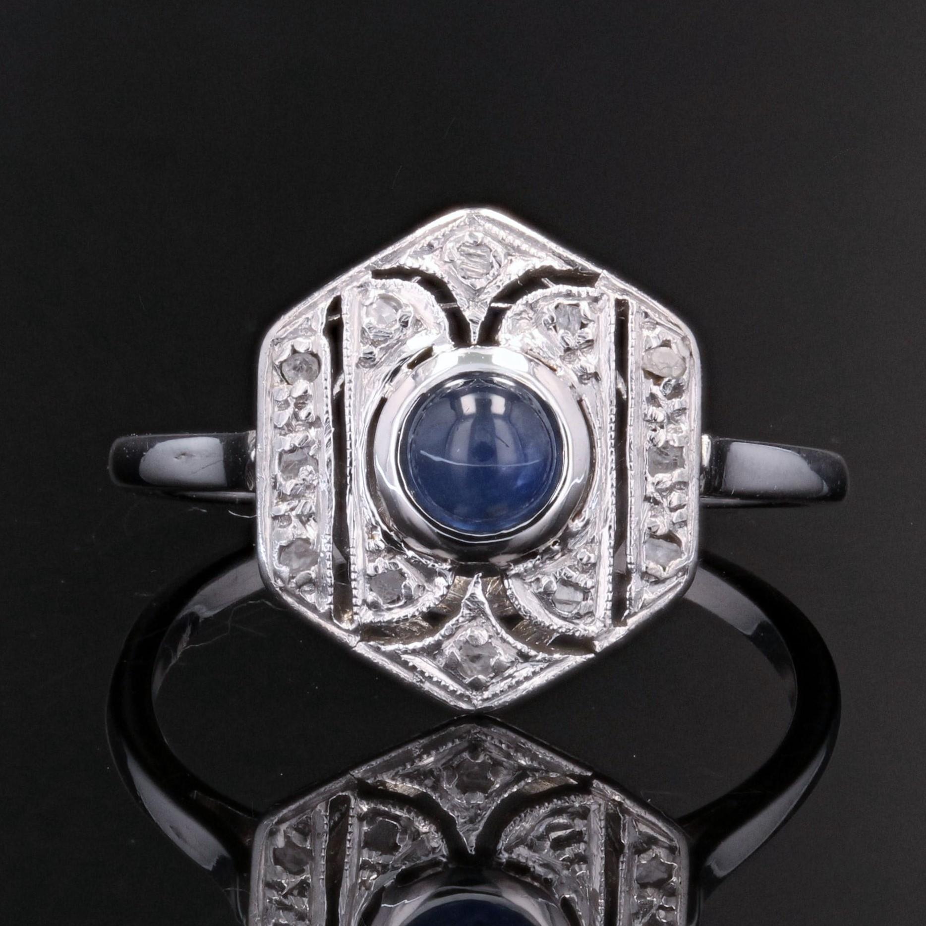 Cabochon French Art Deco Sapphire Diamonds 18 Karat White Gold Ring