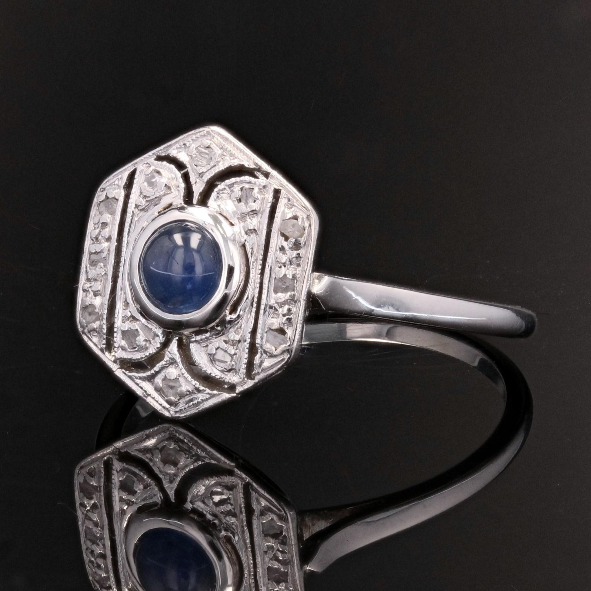 French Art Deco Sapphire Diamonds 18 Karat White Gold Ring In Good Condition In Poitiers, FR