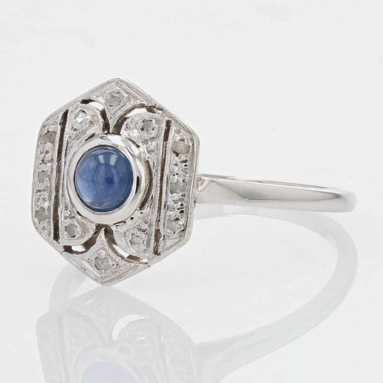 French Art Deco Sapphire Diamonds 18 Karat White Gold Ring 1