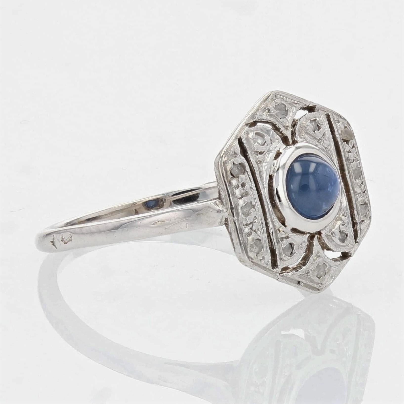 French Art Deco Sapphire Diamonds 18 Karat White Gold Ring 3