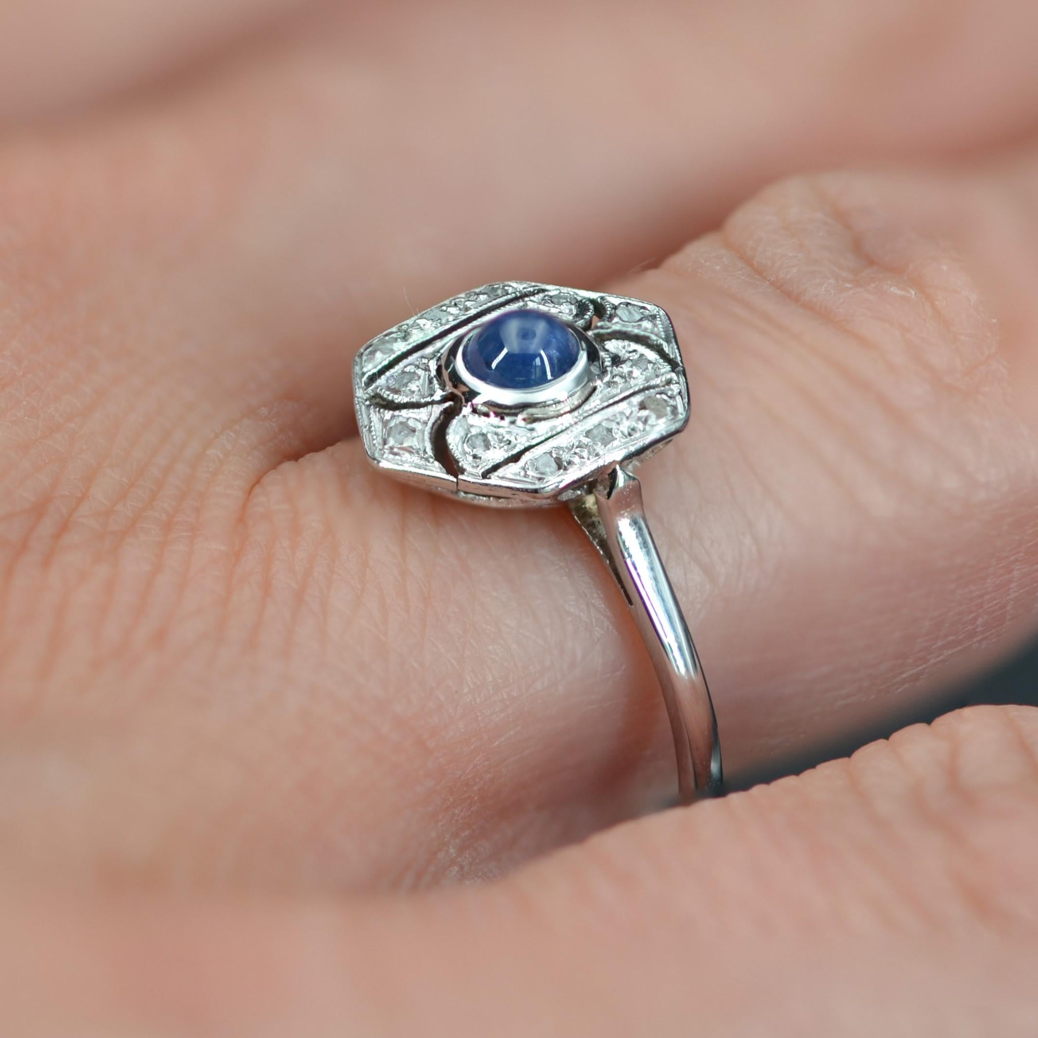 French Art Deco Sapphire Diamonds 18 Karat White Gold Ring 4