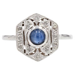 French Art Deco Sapphire Diamonds 18 Karat White Gold Ring