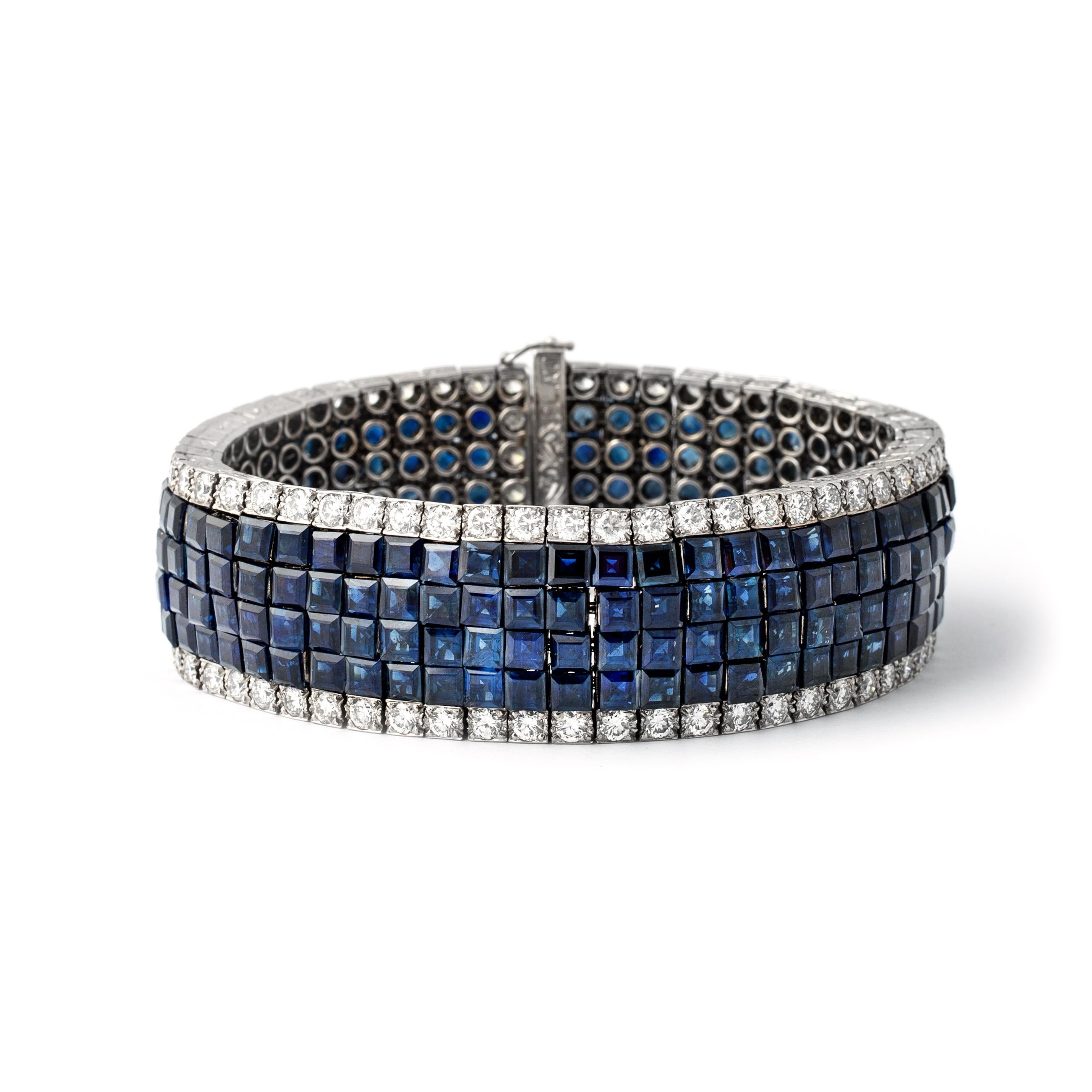 French Art Deco Sapphire Invisible Set Diamond Platinum Bracelet In Excellent Condition In Geneva, CH