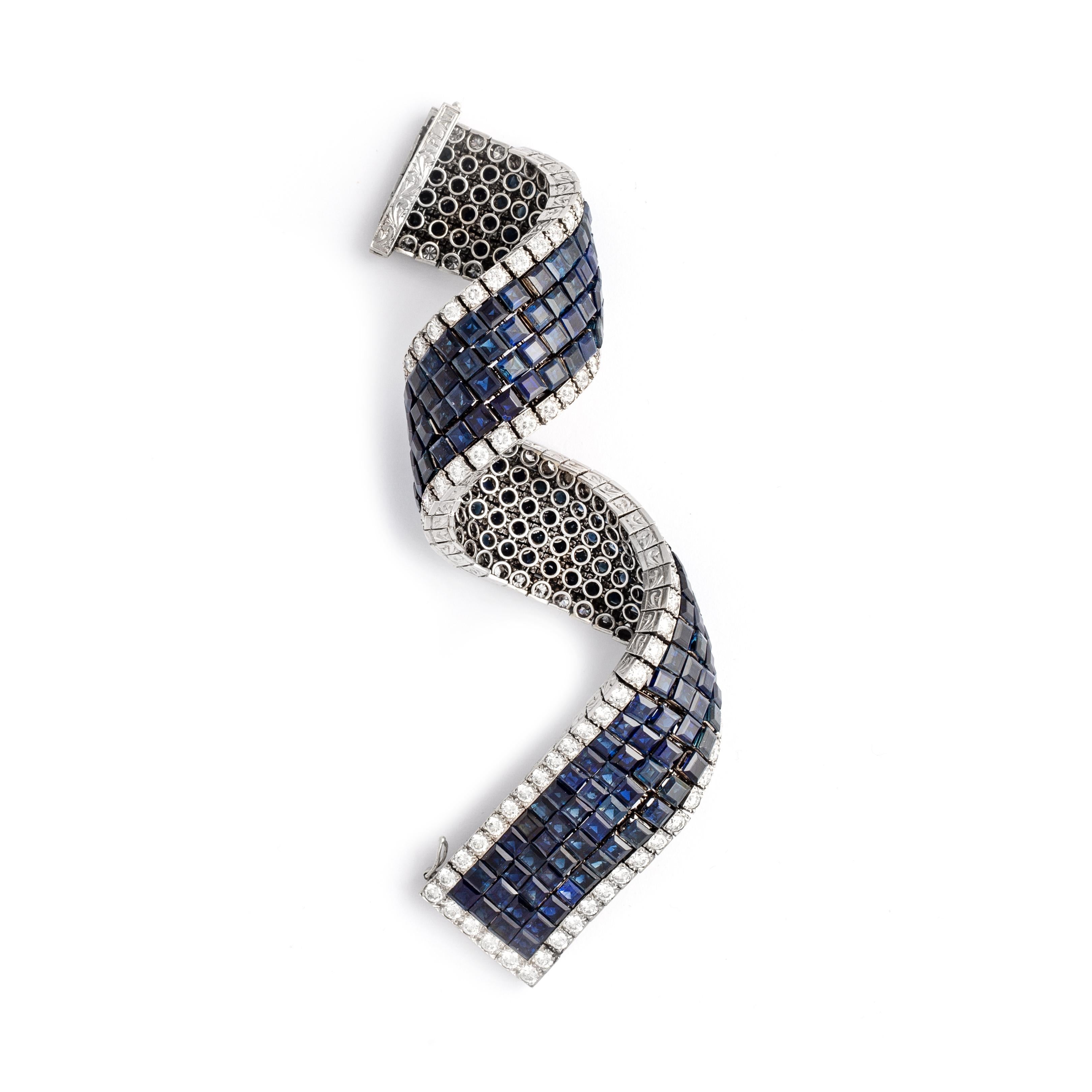 French Art Deco Sapphire Invisible Set Diamond Platinum Bracelet 1