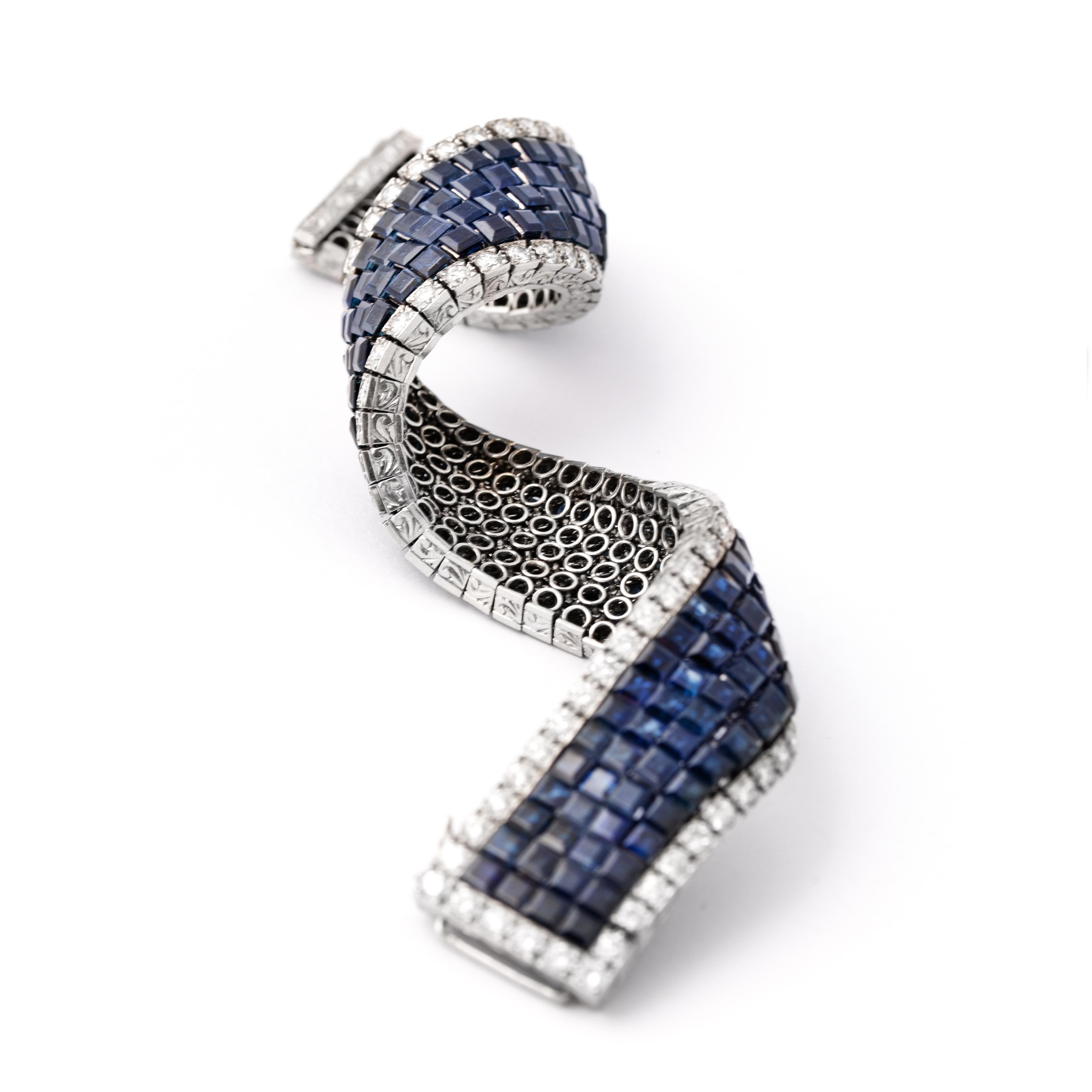 French Art Deco Sapphire Invisible Set Diamond Platinum Bracelet 2