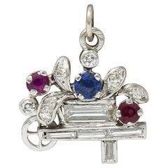 French Art Deco Sapphire Ruby Multi-Gem Platinum Vintage Flower Cart Charm